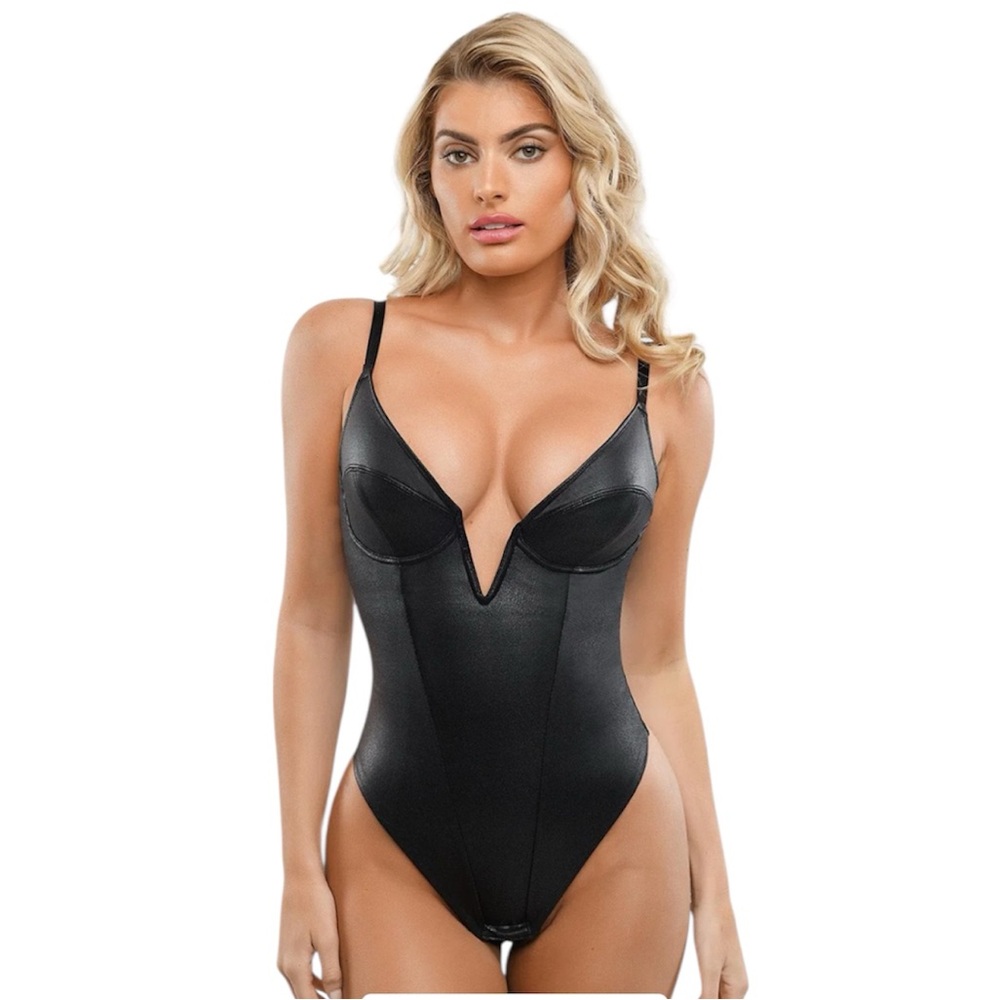 Popilush Shapewear Faux Leather Plunging V Sculpting Corset Bodysuit Small VIRAL